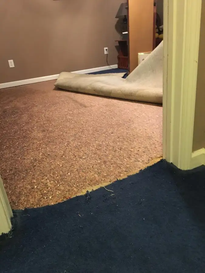 Carpet pad removal revealing water damage during Water Mitigation Services in Spanish Fork